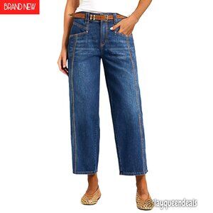 High Rise Wide Leg Crop Jeans, Barrel Leg Stretchy Denim, Boyfriend Fit